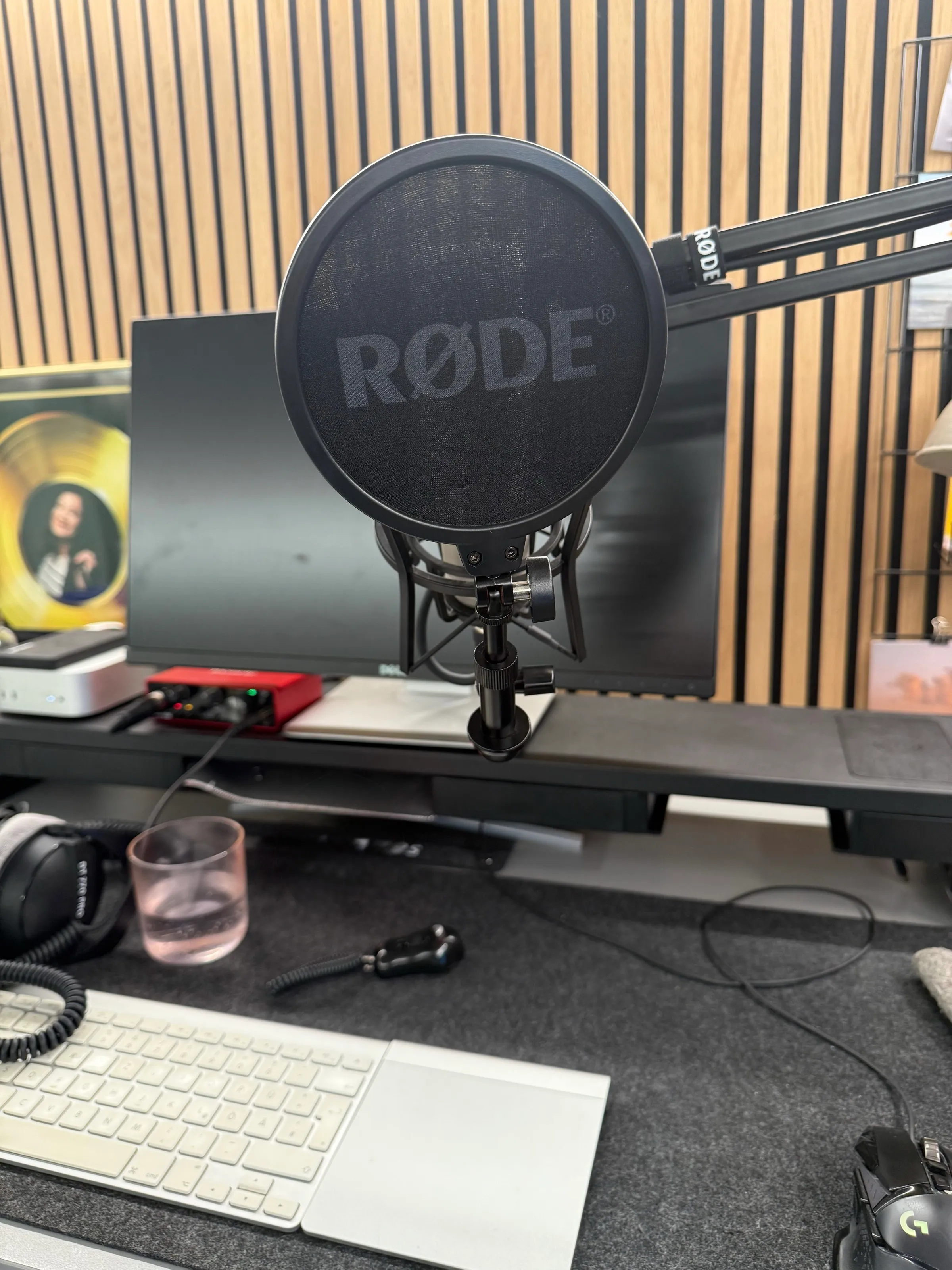 Mikrofon mit Ploppschutz vor Bildschirm und Audio-Interface an Susanns Arbeitsplatz